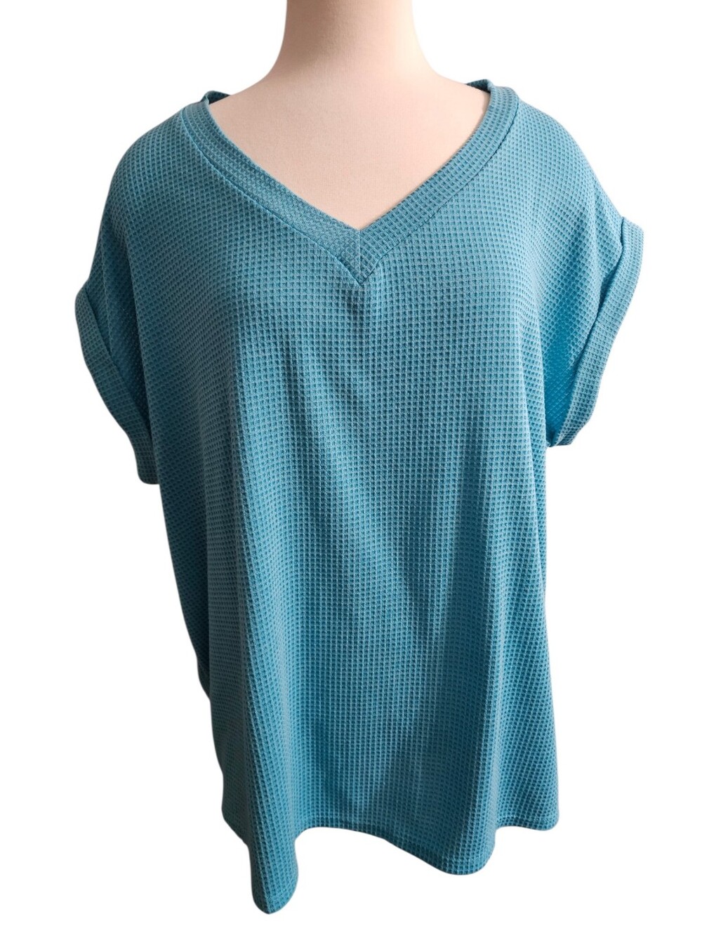Andree By Unit 3X Aqua V-Neck Waffle Knit Women's Top